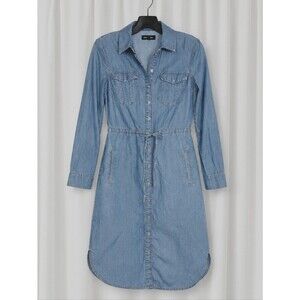 WearDenim Classic Light Wash Blue Denim Snap Front Tie Waist Western Shirt Dress